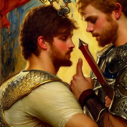 Image similar to attractive fully clothed arthur pendragon confesses his love for his attractive fully clothed male knight. highly detailed painting by gaston bussiere and j. c. leyendecker 8 k