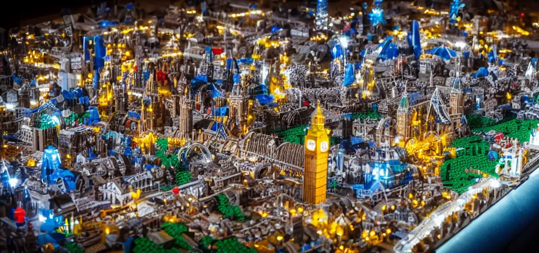 Image similar to detailed lego build of london city on basement table, professional photo, professional lighting, HDR