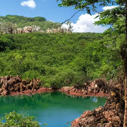 Image similar to jungle landscape, popcorn boulders in the foreground, gumdrop lake in the background