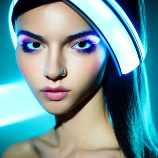 Image similar to futuristic girl, portrait, Cyberpunk, glowing skin, extremely detailed, sharp focus, model