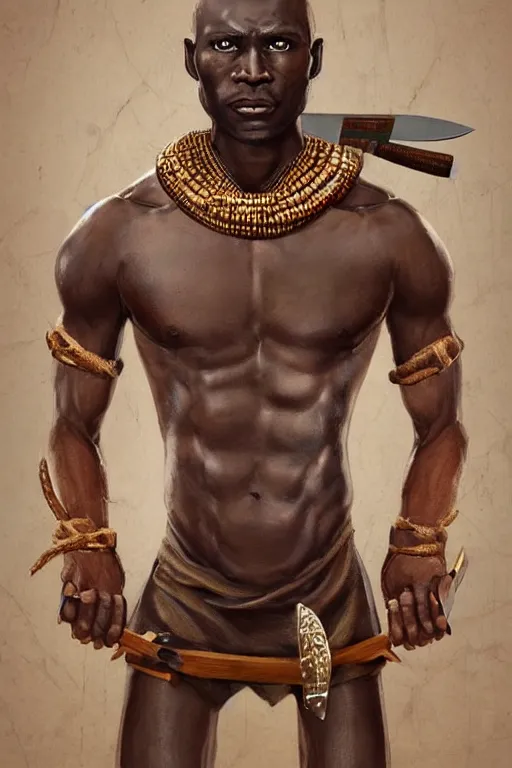 Prompt: Ogun holding his knives poised for battle, an ancient orisha the African Warrior God of Craftsmen and Hunters, bronze-brown skin with masculine features - strong jaw line, bald head and menacing look, tribal markings with golden and jeweled adornments, medium shot digital illustration trending on artstation by artgerm and raphaelite, face by wlop, detailed and concise