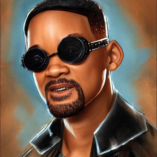 Prompt: will smith wearing big steampunk googles, art by steve henderson