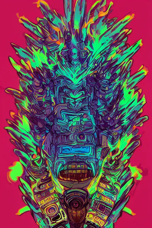 Image similar to totem animal tribal chaman vodoo mask feather gemstone plant wood rock video game illustration vivid color borderlands by josan gonzales and dan mumford radiating a glowing aura