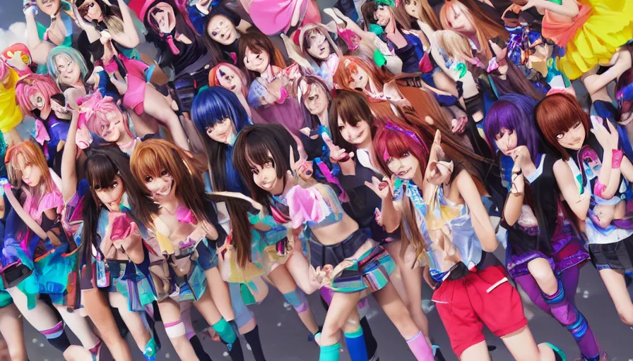 Prompt: group of cute anime characters jumping, colorful outfits, short miniskirts, lightly dressed, ultra detailed digital art, hyper real, detailed, group photo, ultra detailed, ground up angle