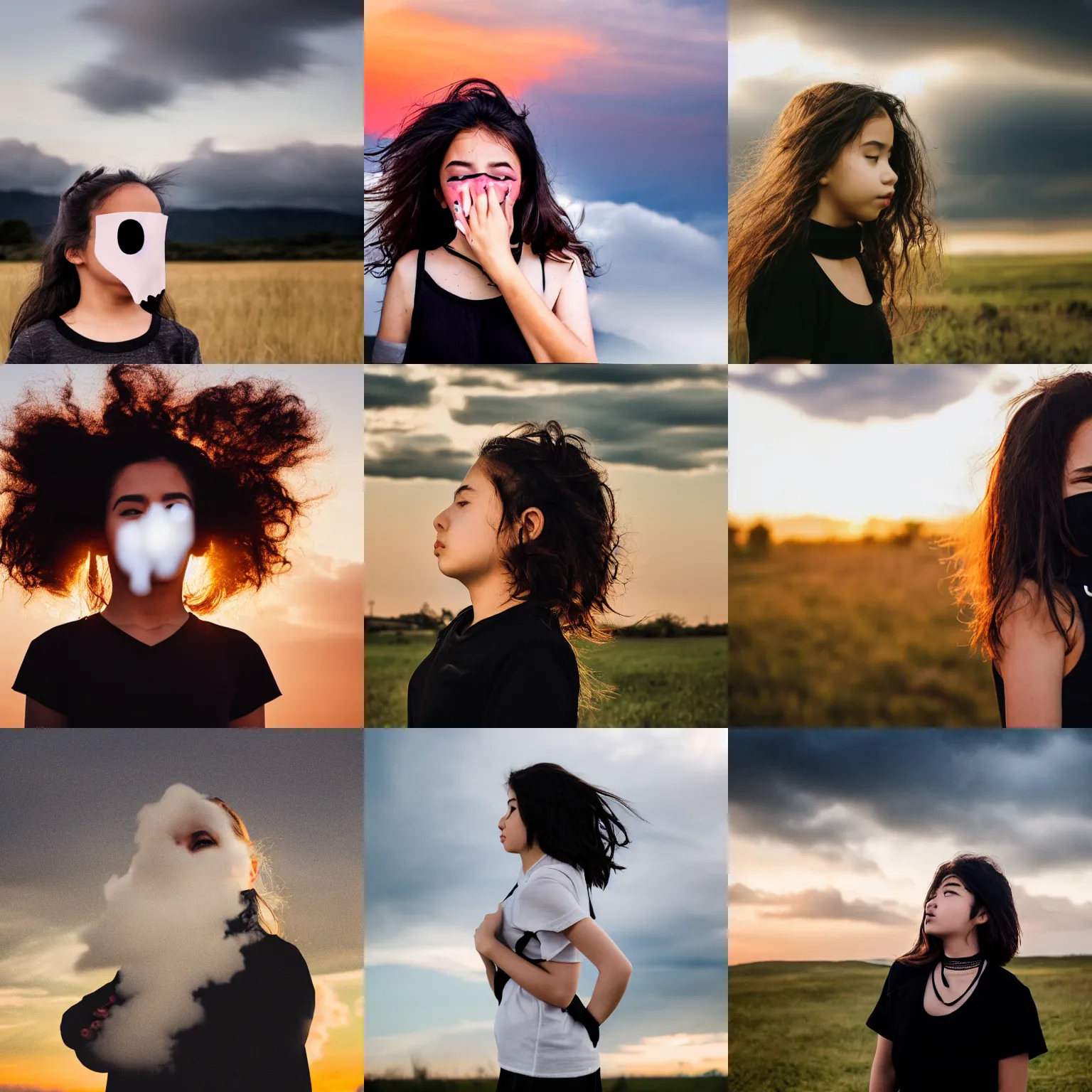 Prompt: a portrait photo of a cloud covering a girls face with short dark wavy hair, cloud covers the face, wearing a black choker and a black t - shirt, her face is hidden by clouds, sunset cloudy landscape in the background, professional photography 5 0 mm f 1