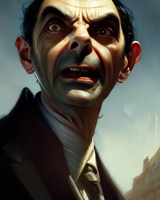 Image similar to mr bean vampire hunter, fine details, realistic shaded lighting poster by greg rutkowski, magali villeneuve, artgerm, jeremy lipkin and michael garmash and rob rey