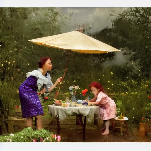 Image similar to a housewife and her daughter putting dishes on a table in the backyard, a tilted parasol sits above the table, a garden with colorful flowers in the background, rainy scene, cozy 1 9 5 0's, medium symmetry, by greg rutkowski, by ilya repin, extreme detail, 8 k, intricate abstract, photorealistic