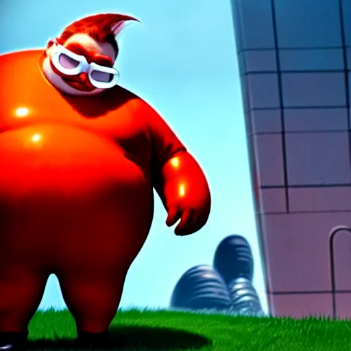 Image similar to a round fat man in a red jumpsuit, wearing shiny black goggles, long pointy pink nose, long spikey light brown moustache, large cartoonish hands with white gloves, evil villain grin, high tech, hdr, 4 k, he is standing over the lorax while laughing