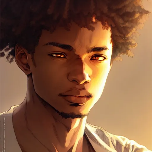 Image similar to Portrait of man with curly short hair and brown skin, atmospheric lighting, intricate detail, cgsociety, ambient light, dynamic lighting, anime style by Yusuke Kozaki