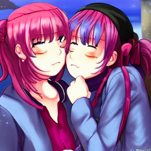 Image similar to athena asamiya and saori kido kissing, date, lesbian, trending on pixiv