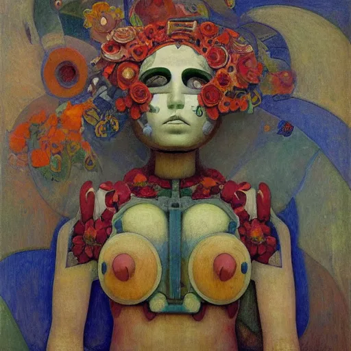 Image similar to the mechanical robot in her floral mask, by annie swynnerton and diego rivera, and nicholas roerich and jean delville, symbolist, dramatic lighting, elaborate geometric ornament, art brut, soft cool colors, smooth, sharp focus, extremely detailed, adolf wolfli