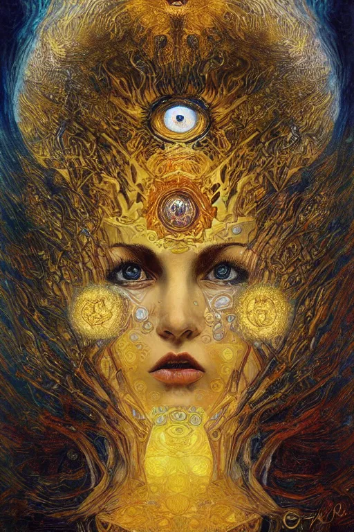 Image similar to Divine Chaos Engine by Karol Bak, Jean Deville, Gustav Klimt, and Vincent Van Gogh, beautiful visionary mystical portrait, sacred, otherworldly, fractal structures, ornate gilded medieval icon, third eye, spirals