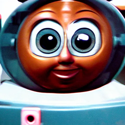 Prompt: creepy found footage of Thomas the tank engine with a pleading face blush super close up zoom fish eye staring into your soul terrifying backrooms horror