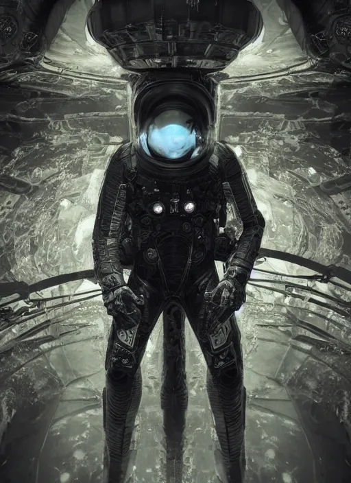 Image similar to complex poster by craig mullins astronauts in futuristic dark and empty spaceship underwater. infrared complex and hyperdetailed technical black suit. mandelbulb fractal. reflection and dispersion materials. rays and dispersion of light. volumetric light. 5 0 mm, f / 3 2. noise film photo. flash photography. unreal engine 4, octane render