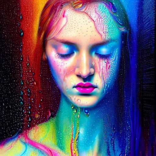 Image similar to portrait of girl in uniquely colored psychedelic rain with wet hair and face, water drops, epiphany, bliss, fantasy, intricate, elegant, dramatic lighting, highly detailed, lifelike, photorealistic, digital painting, artstation, concept art, smooth, sharp focus, illustration, art by John Collier and Albert Aublet and Krenz Cushart and Artem Demura and Alphonse Mucha