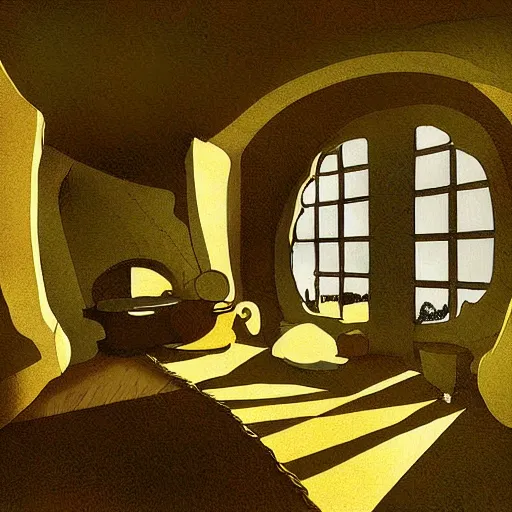 Prompt: art - deco interior of a hobbits house, digital art