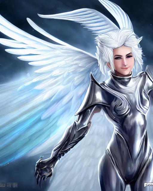 Image similar to perfect white haired attractive egyptian goddess with huge white dove wings, warframe armor, beautiful, symmetric, dreamy, half asian, pretty face, blue eyes, detailed, scifi platform, laboratory, experiment, 4 k, ultra realistic, epic lighting, android body, illuminated, cinematic, masterpiece, art by akihito tsukushi, voidstar