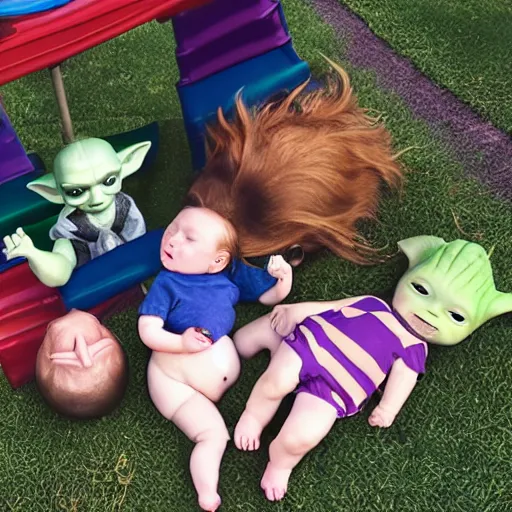 Prompt: playground nap - time with baby voldemort and baby harry potter and baby yoda and baby groot and baby mando and baby gummi bear, block party.