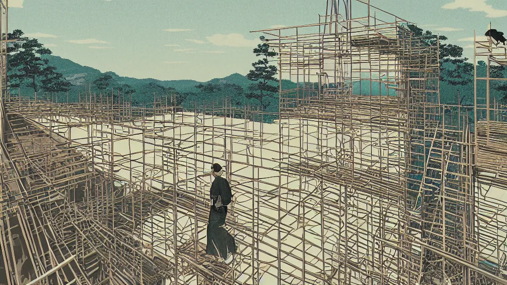 Image similar to In the scaffold construction tower I radioed my friend a code that I spotted a plot of land in the distance, screen print by Kawase Hasui and dan hillier, 8k unreal engine