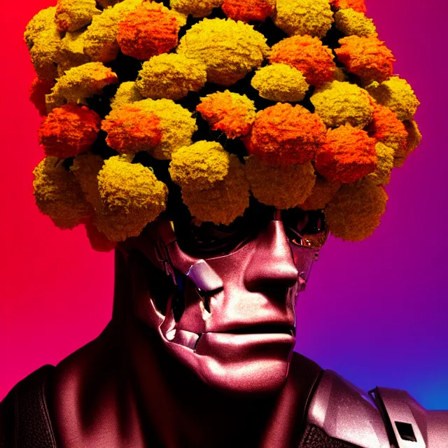 Prompt: portrait of the terminator with a a flower afro made out of various flowers, eating flowers, dramatic cinematic lighting, bold colors, 8 k, beautiful intricate painting, hyper realistic, octane render