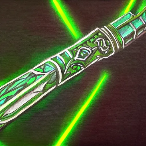 Prompt: Oil painting concept art of a magical acid sword glowing bright green, very intricate hilt, green color scheme, highly detailed concept art.