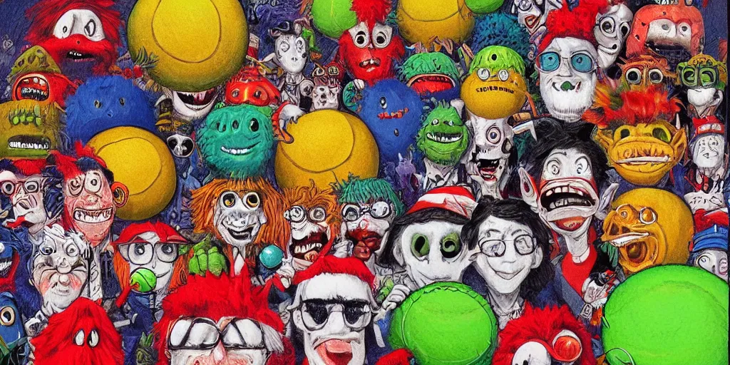 Image similar to a poser of where's waldo tennis ball monsters, colorful, digital art, fantasy, magic, chalk, trending on artstation, ultra detailed, professional illustration by basil gogos