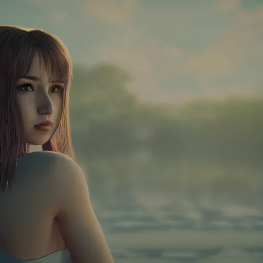 Image similar to portrait of 2 2 - year - old woman with angle 9 0 ° very very beautifull looking away, cinematic scene, unreal engine