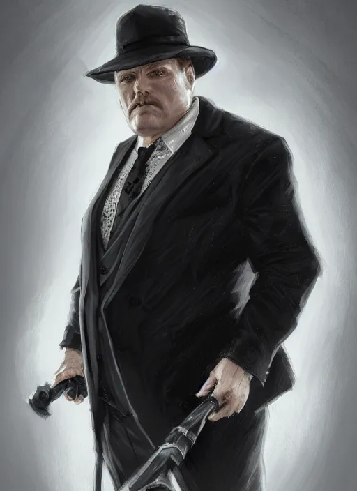 Image similar to a highly detailed illustration of 6 7 year - old clean - shaven chubby white man wearing black detective coat with necktie, heroic pose, strings background, intricate, elegant, highly detailed, centered, digital painting, artstation, concept art, smooth, sharp focus, league of legends concept art, wlop.