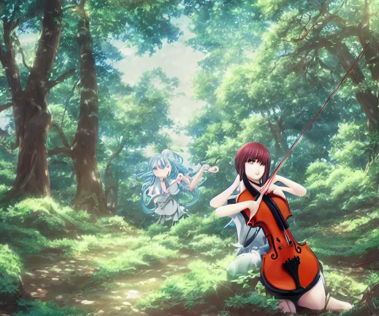 Image similar to violin in a forest, anime fantasy illustration by tomoyuki yamasaki, kyoto studio, madhouse, ufotable, comixwave films, trending on artstation