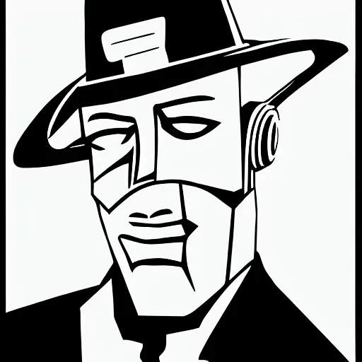 Image similar to portrait of noir robot detective, black and white digital art,