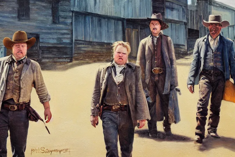Prompt: realistic oil painting of phillip seymour hoffman and two - bandits in a busy old west town
