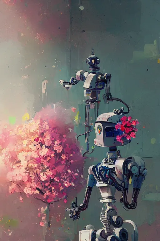 Prompt: a painting of a robot with flowers in front of it, a digital painting by Ismail Inceoglu, trending on Artstation, environmental art, made of flowers, reimagined by industrial light and magic, artstation hd