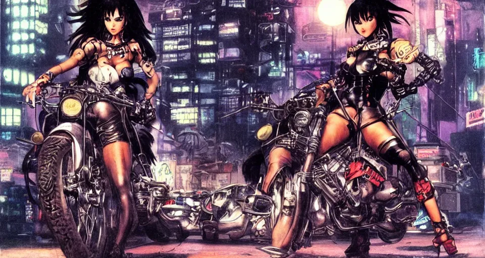 Prompt: attractive cyberpunk female on a motorcycle in a gritty futuristic anime city at night, art by Simon Bisley Frank Frazetta Martin Emond