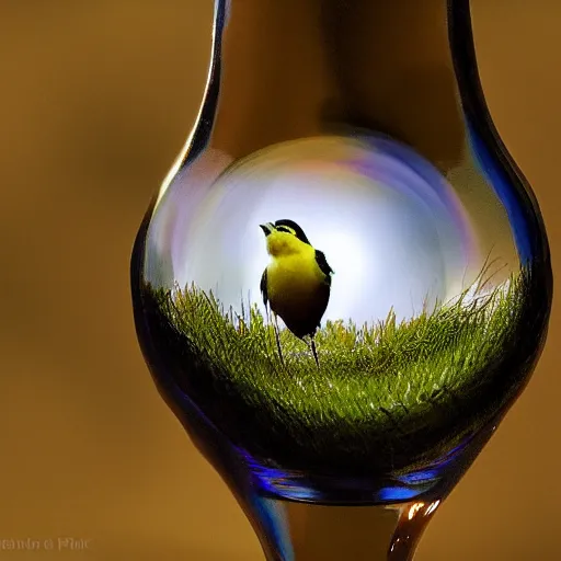 Image similar to bird in a bottle, award winning photography, hyper realistic, 4 k