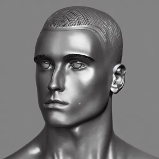 Image similar to “ a realistic detailed photo of a guy who is an attractive humanoid who is half robot and half humanoid, who is a male android, soccer player antoine griezmann, shiny skin, posing like a statue, blank stare, at the museum, on display ”