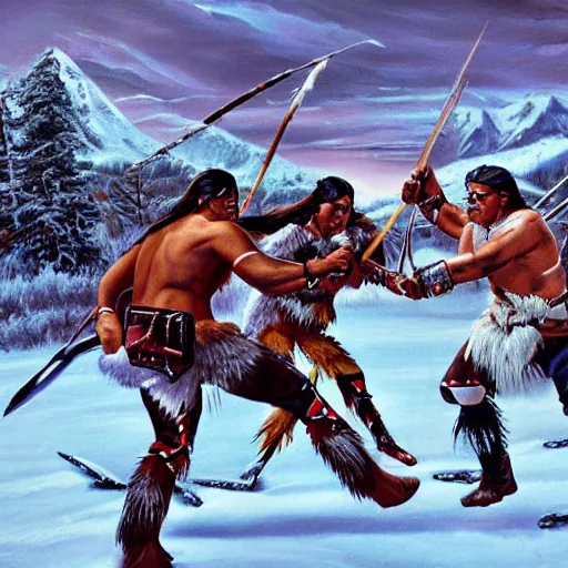 Image similar to majestic native americans fighting cyborg white men in a snowy field, landscape, hyper realistic,