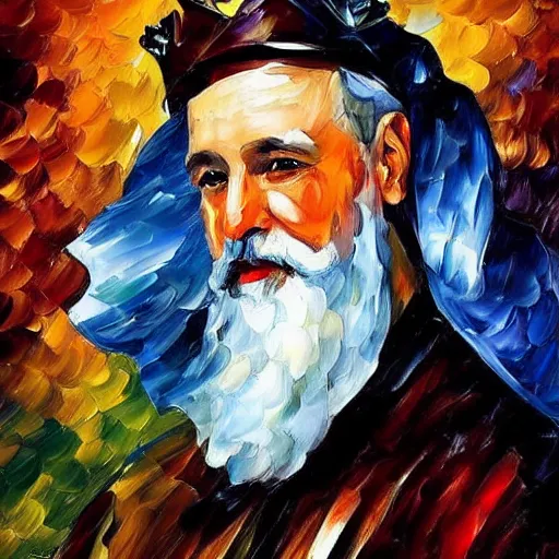 Image similar to portrait of a very very old, olive skinned king witha very long white beard and blue crown by leonid afremov