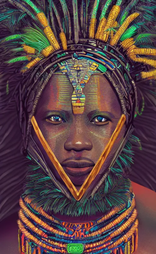 Prompt: upper half portrait digital painting of retro futuristic african tribal chief - embellished with vegetation and iridescent crystals, art by stanley artgem lau, highly detailed, digital painting, concept art, illustration, smooth sharp focus, intricate, symmetry, artstation, colourful,