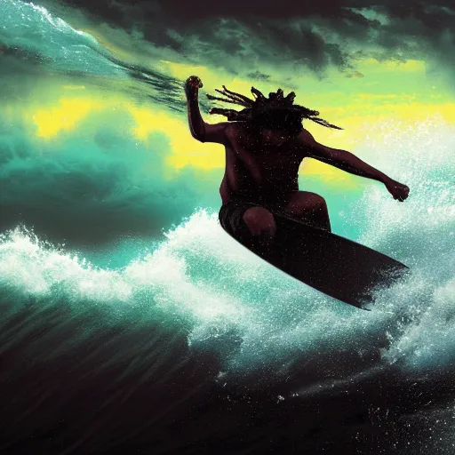 Prompt: a black boy with dreadlocks wakeboarding masive waves in a violent thunderstorm at night, cinematic lighting , synthwave colorscheme, by greg rutkowski and thomas kinkade oil on canvas, 8k