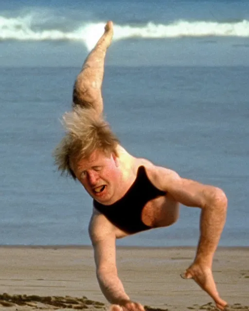 Image similar to film still close - up shot of boris johnson doing cartwheels on the beach from the movie monty python's the meaning of life. photographic, photography