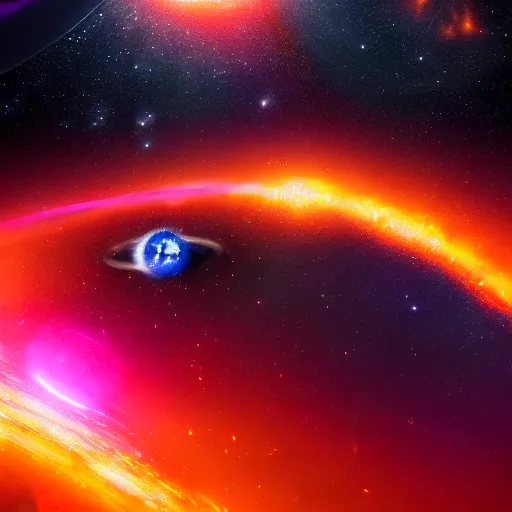 Image similar to glowing glorious 3D black hole in movie, intergalactic, space theme, galaxy colored, hyperdetailed, digital painting, trending on Artstation, cel-shading style, CG society, hyperdetailed, digital painting, hypermaximalist, golden ratio, volumetric, octane render, weta digital, micro details, 3d sculpture