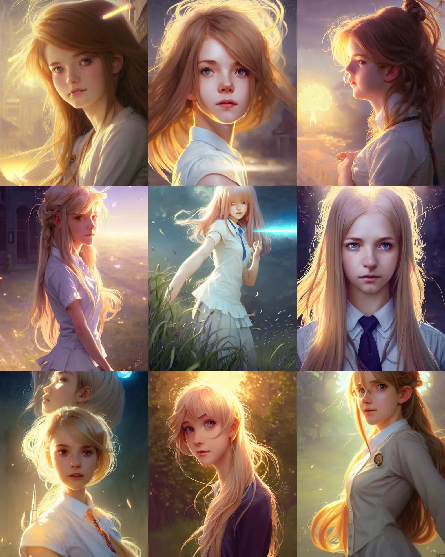 Prompt: portrait of an innocent lost college girl, magic school uniform, light - coloured hair, large messy hair style, fantasy building, intricate, sharp focus, lens flare, bloom, rim light, illustration, highly detailed, digital painting, concept art, matte, art by wlop and artgerm and greg rutkowski and alphonse mucha, masterpiece