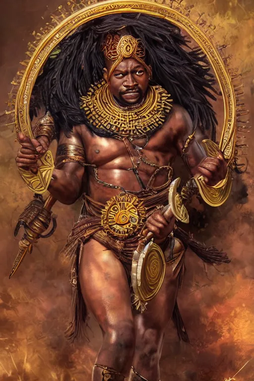 Image similar to ogun with a great spear, African warrior deity with golden and jeweled adornment, orisha God hunters and craftsmen, strong masculine features, menacing cinematic mid portrait, digital illustration, octane render trending on arstation by artgerm, raphaelite and mucha