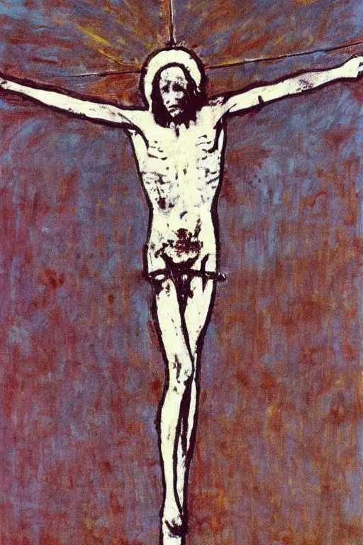 Image similar to bloody christ crucified and some bright ufo in the sky painted by cy twombly and andy warhol