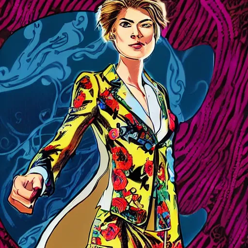 Image similar to rosamund pike with dark - hair as the doctor, wearing a colourful floral pattern three - piece suit, complementary colours, 2 d matte, graphic novel, art by joe madureira and alan davis,