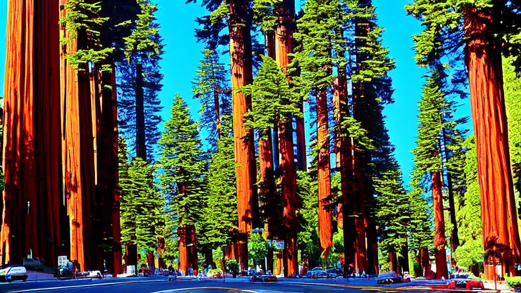 Image similar to Market Street lined with Redwood Trees by bruce mccall; Futuristic City in Harmony with Nature; Location: San Francisco, California;