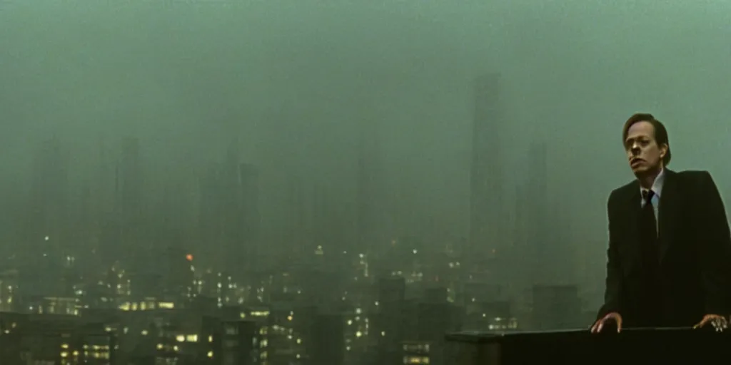 Image similar to beautiful cinematic film still of steve buscemi smoking a cigarette on a building top overlooking the rainy city in blade runner, 4 k