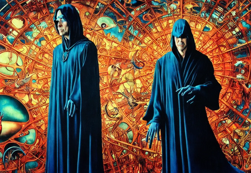 Image similar to realistic detailed portrait movie still of a birdman wearing dark robes, sci fi city landscape background by denis villeneuve, amano, yves tanguy, alphonse mucha, ernst haeckel, max ernst, roger dean, david lynch, masterpiece, rich moody colours, blue eyes, snarling dog teeth