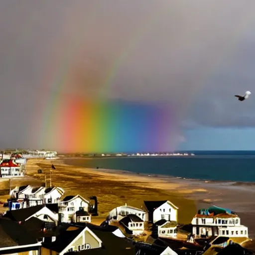 Image similar to A rainbow on top of the sea, with houses on a beachside and seagulls flying