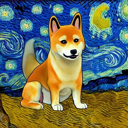 Prompt: shiba inu in van gogh's starry night